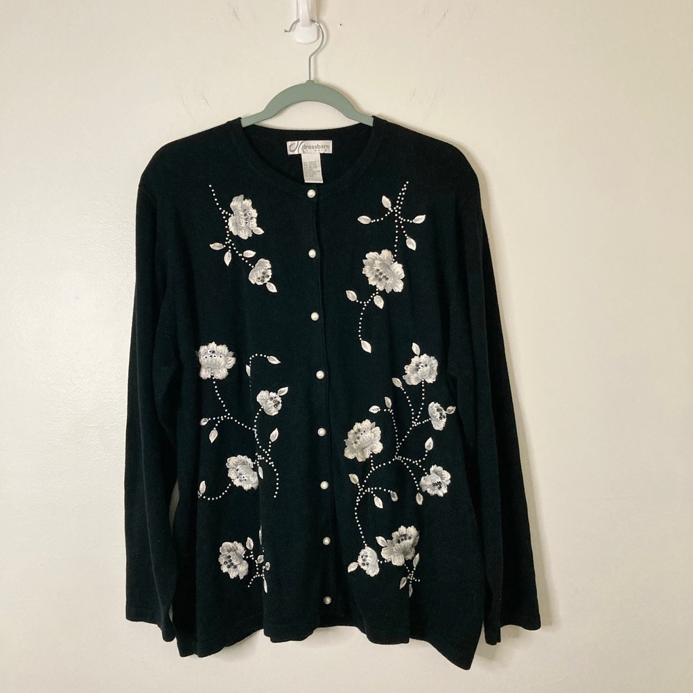 Floral Embroidered Beaded Cardigan Sweater Dressbarn Woman Black Plus Size 18/20